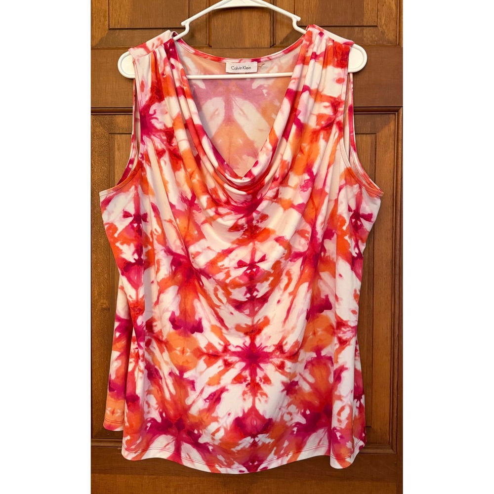 Calvin Klein Draping Tie-Dye Top Womens 2X Pink Sleeveless Cowl Neck Stretch